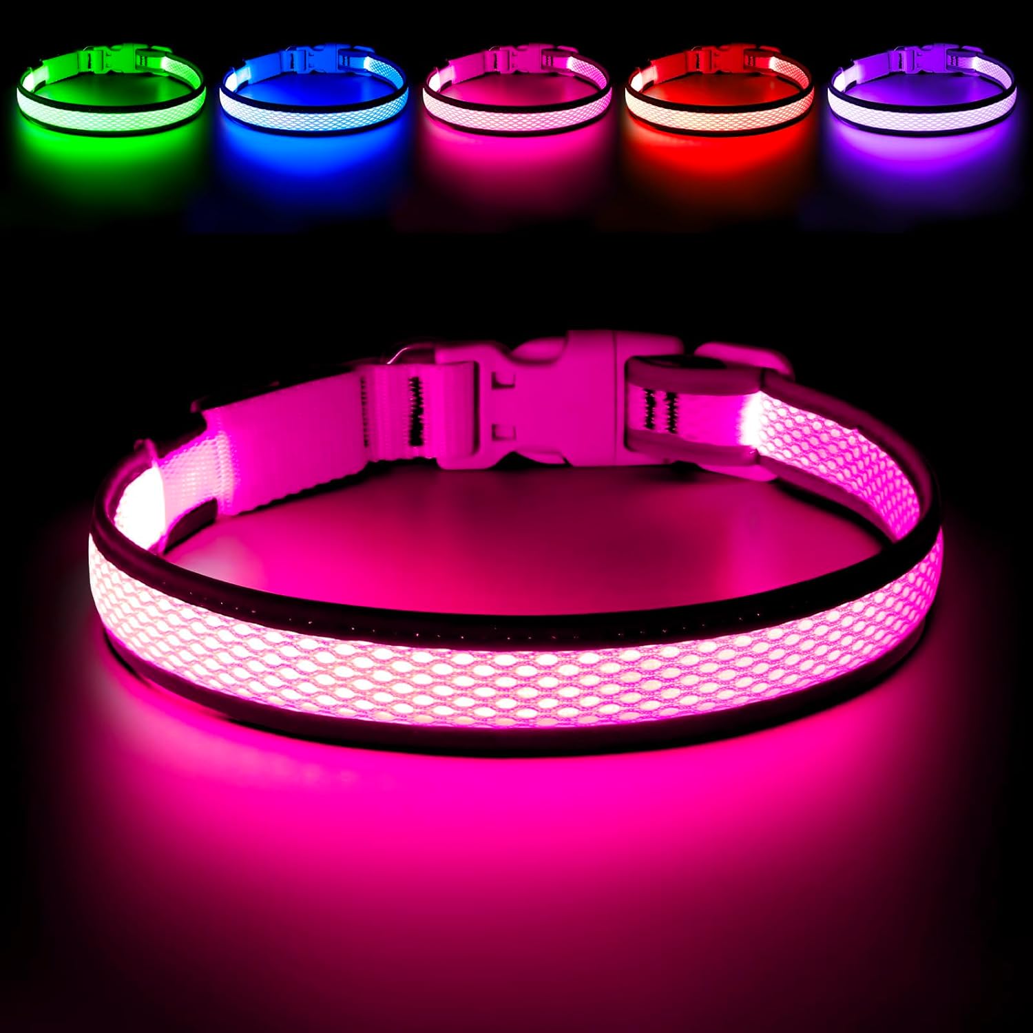 Flashseen LED Dog Collar, USB Rechargeable Light Up Dog Collar Lights, Adjustable Comfortable Soft Mesh Safety Dog Collar for Small, Medium, Large Dogs