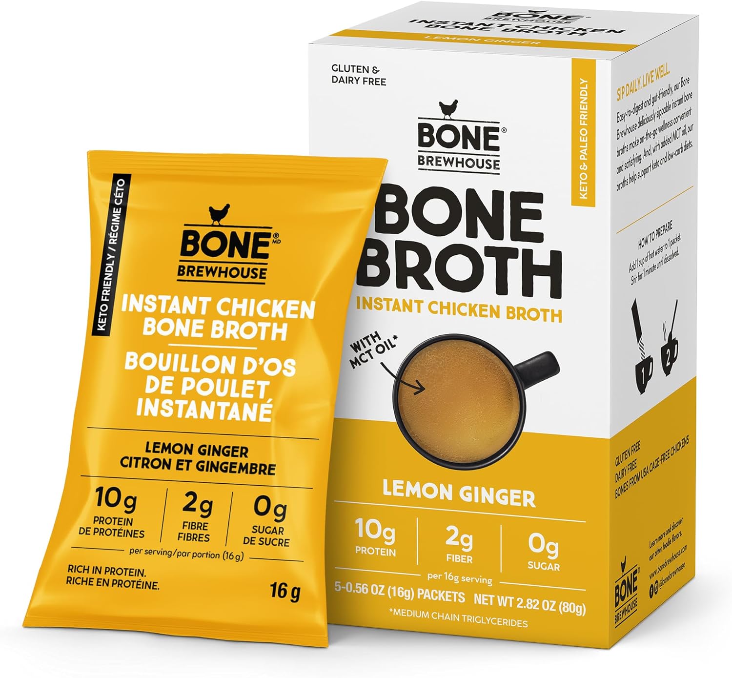 Bone Brewhouse - Chicken Bone Broth Protein Powder - Lemon Ginger Flavour - Keto & Paleo Friendly - Instant Soup Broth - 10g Protein - Natural Collagen, Gluten-Free & Dairy free - 5 Individual Packets